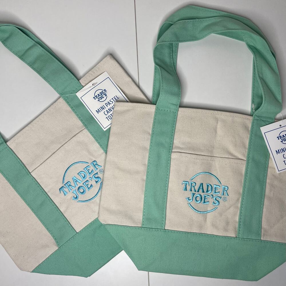 Set of 2 Trader Joe’s Canvas MINI Tote Bags Easter Colors — PASTEL GREEN + Blue!